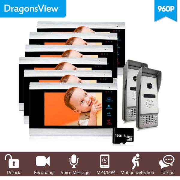 

dragonsview 7 inch 960p video intercom door phone system 2 doorbell camera intercoms for apartments 6 indoor monitors sd card phones
