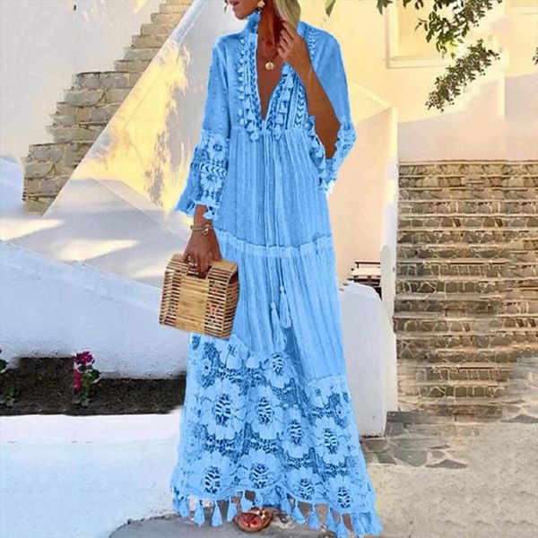 

bohemian summer lace tassel women dresses long v neck solid color party maxi sleeve plus size beach, Black;gray
