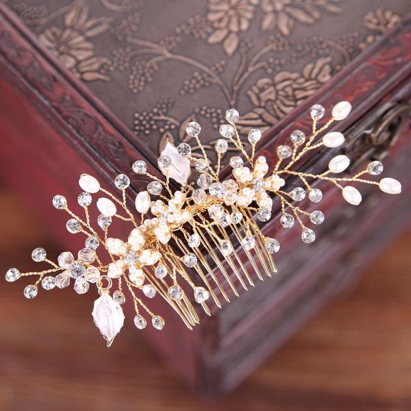 

hair clips & barrettes getnoivas women rhinestone pearl gold/silver color comb headband flower pin bride wedding headdress sl, Golden;silver
