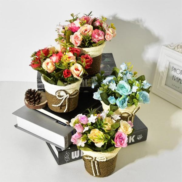 

decorative flowers & wreaths artificial fake silk plastic roses +rattan vase set for wedding party home garden decoration