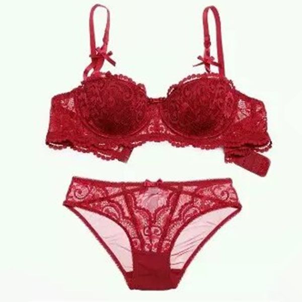 

bra set half cup support anti slip thin cotton embroidered gathered underwear, Red;black