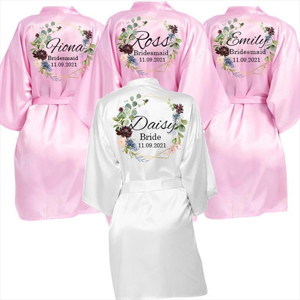 

personalized custom name flower womens sleepwears print wedding satin dressing gown bride team robes bridal party bridesmaid, Black;red