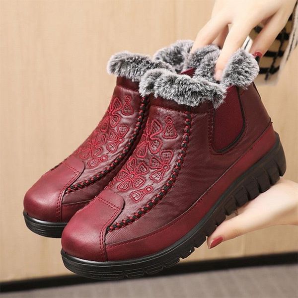 

boots women's snow winter ladies sewing slip on short female flat warm plush platform shoes ankle flower casual, Black