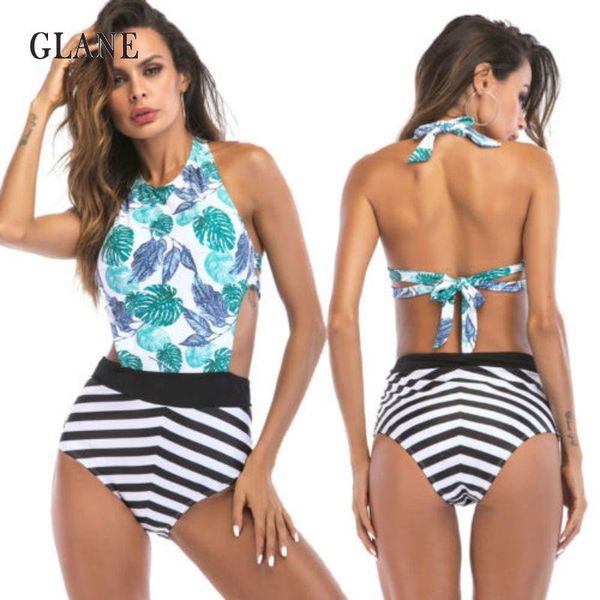 

one-piece suits 2021 swimwear women one piece swimsuit high waist monokini plus size backless bikini leaf print push-up padded bra