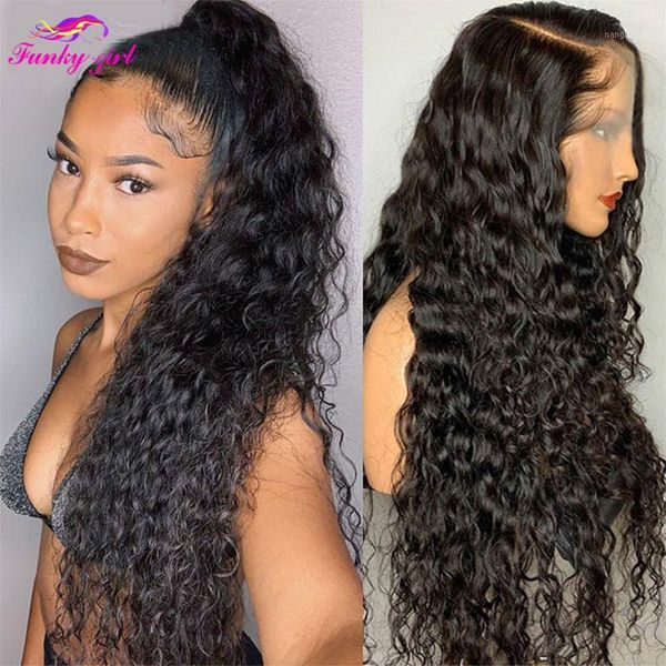 

malaysian water wave wigs 13x6 lace front human hair for black women 180% t part wig wet and wavy curly1, Black;brown