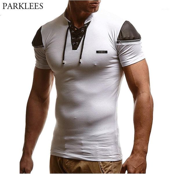 

hollow mens bandage out white v neck t shirt male patchwork leather t-shirt men hip hop streetwear zipper camisetas hombre1, White;black