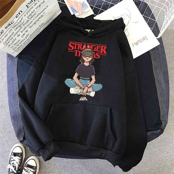 

stranger things season 3 hoodies eleven oversized graphic print sweatshirts women funny hoodie harajuku clothes hood female 210805, Black