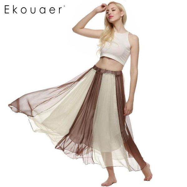 

skirts ekouaer long summer bohemian style women swing flowing maxi full chiffon beach skirt female elegant, Black