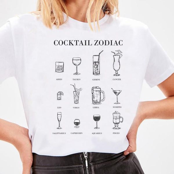 Cocktail Zodiac Mulheres Engraçado Camisetas Hipster Álcool Camisa Bonito Senhoras Tops Gráfico Tees Femme camisetas Roupas Estéticas T-shirt das Mulheres