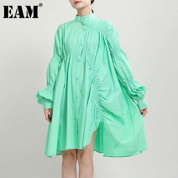 

[eam] women big size irregular pleated dress stand collar long sleeve loose fit fashion tide spring autumn 2021 1dd1572 casual dresses, Black;gray