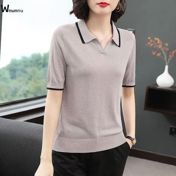 

women's t-shirt plus size knitwear casual summer loose solid tees female turn-down collar bright silk knitted short sleeve women, White