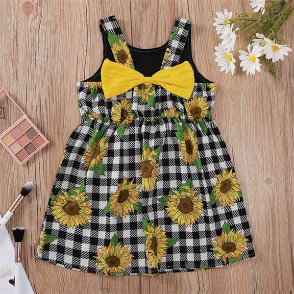 

summer girls dress cute sleeveless yellow bow print sunflower plaid vestidos 9m-6t 210629, Red;yellow