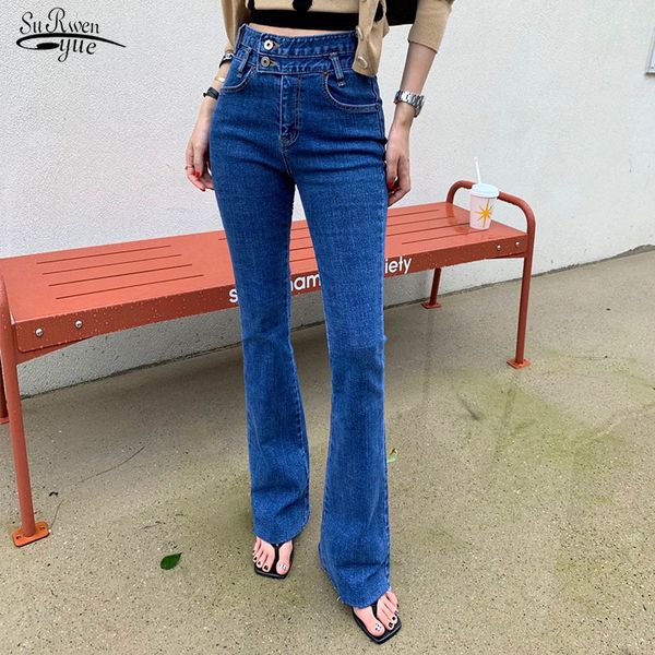 

skinny slim flare pant denim jeans korean style high waist washed side 2 button micro horn burr stretch trousers 11569 210521, Blue