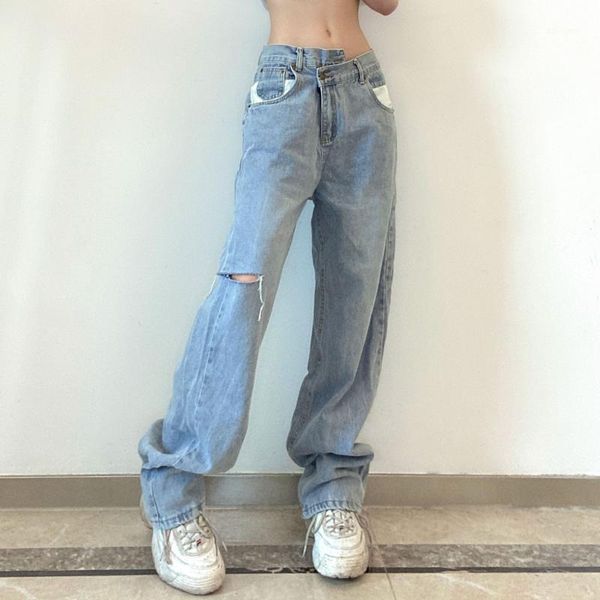 

women's jeans women wide leg trendy irregular high waist loose straight denim pants with ripped holes, Blue