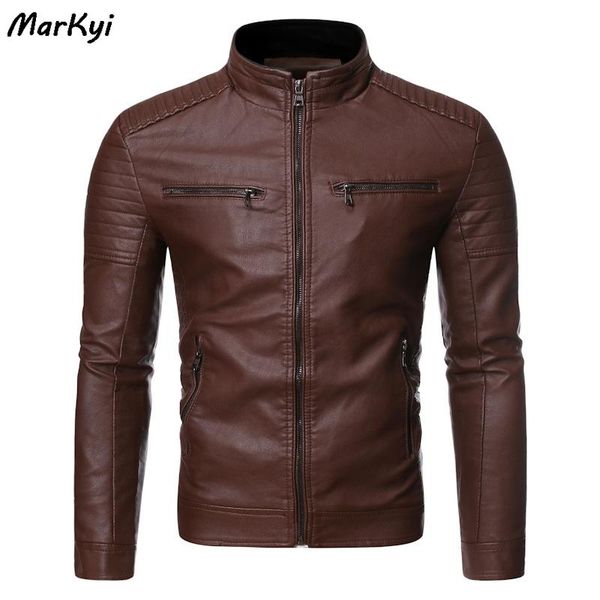 

men's fur & faux markyi fashion stand coallr motorcycle causal vintage leather jacket coat men double pocket, Black