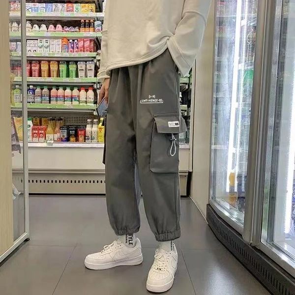 

cargo pants men korean harem ankle length loose casual hip hop pants pocket sweatpants streetwear trousers male spring summer, Black
