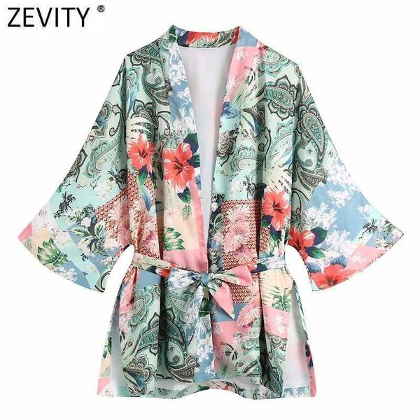 

zevity women vintage cloth patchwork print sashes kimono smock blouse female side split cardigans shirts chic blusas ls9400 210603, White