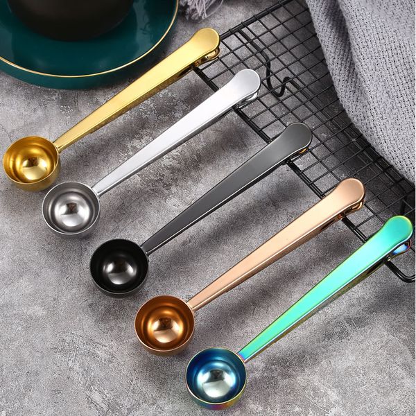 Colher de café com selo clipe de aço inoxidável chá medindo ferramentas de colher 2 em 1 abastecimento de cozinha multicolor ouro ouro kdjk2104