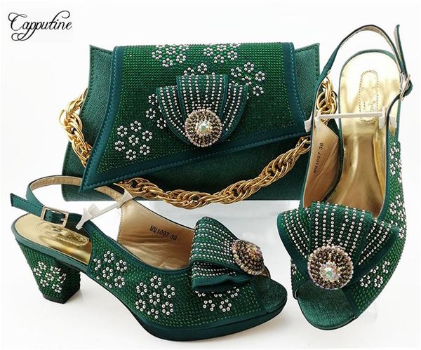 

dress shoes fashin dark green high heel sandal and handbag set with stones for party lady mm1097, height 7.5cm, Black