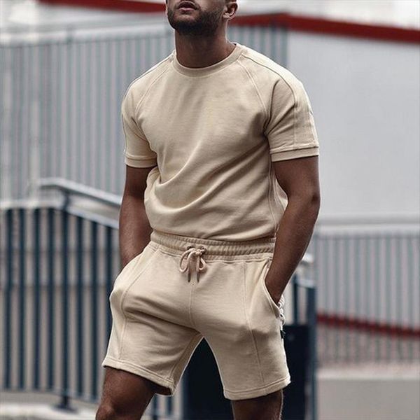 

summer clothes sportswear two piece men tracksuit set solid color t shirt shorts light khaki tether s 3xl, Gray