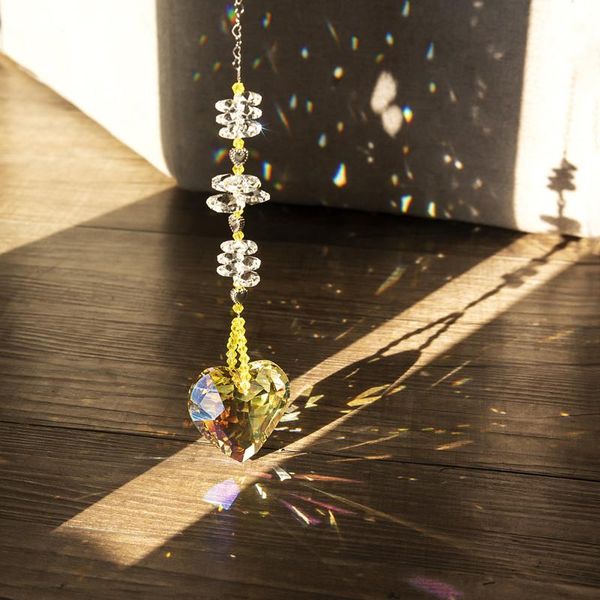 

garden decorations 45mm yellow heart shaped crystal suncatcher handmade rainbow maker facted prism pendent outdoor indoor hanging window dec