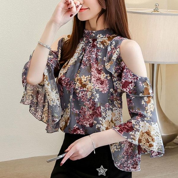 

blouse women 2021 ladies floral chiffon for ruffles stand butterfly sleeve blusas hollow plus szie women's blouses & shirts, White