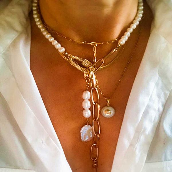 

2020 autumn new creative design pearl necklace natural freshwater pearl punk chain stitching fashion gothic jewelry charm x0707, Silver