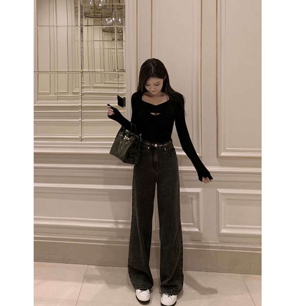 

fashion waist chain women's high slim loose tube design feeling pants, Blue