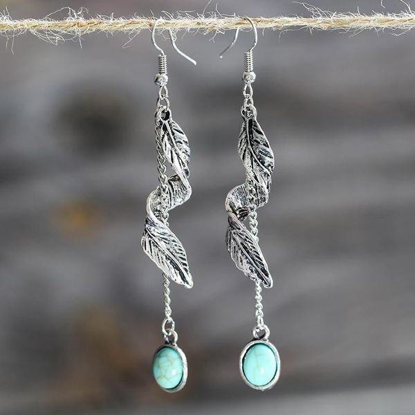 

dangle & chandelier bohemia 7cm long link chain turquoises drop earrings women's gold metal twist leaf blue stone vintage earring gift, Silver