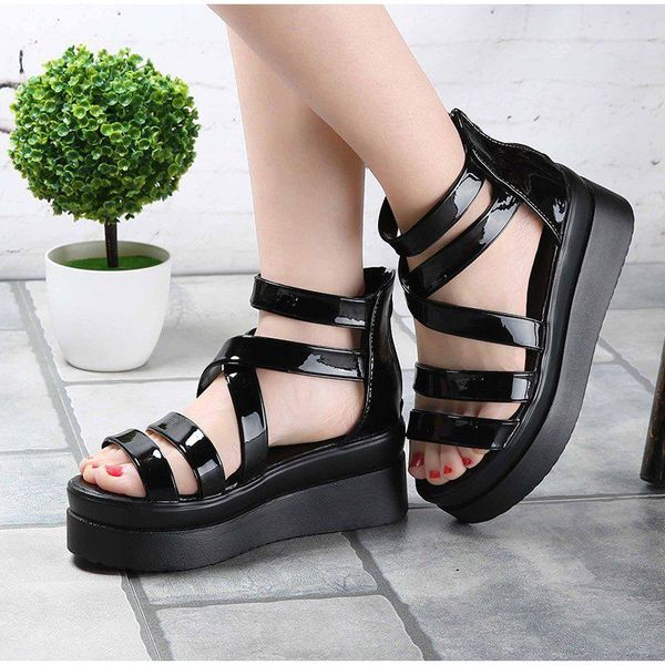 

sandals narrow band for women's zip cover heels platform female footwear thick bottom summer sandalies mujer 2021 woman shoes, Black