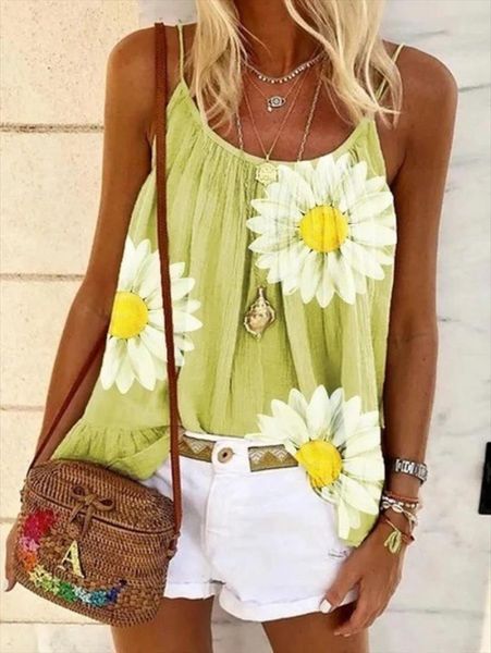 

summer floral print women tank oversized casual loose sleeveless t shirt outdoor beach lady vest, White