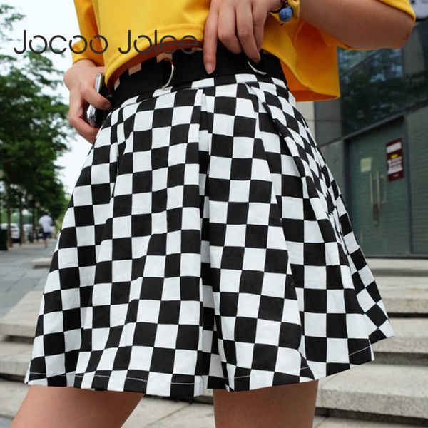 

fashion high waist plaid a-line skirts women casual harajuku korean mini skirt summer high street short skirt bottom with belt 210619, Black