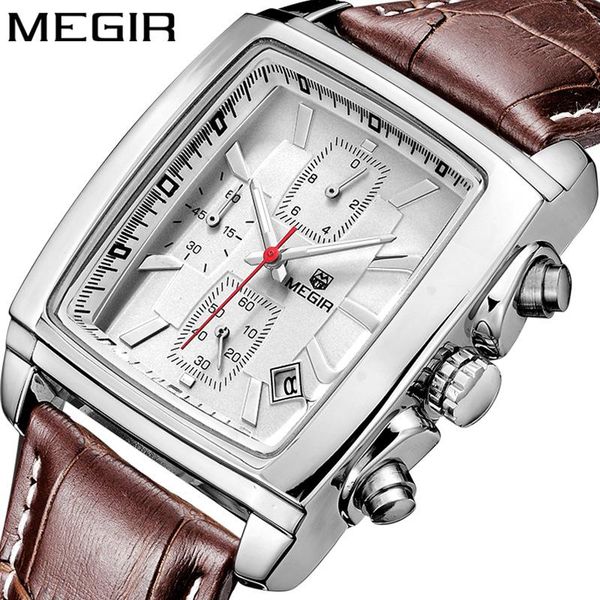 

wristwatches megir fashion casual multifunction square three eye sports chronograph personality men's business watches waterproof 2028g, Slivery;brown