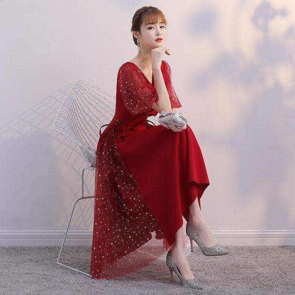 

black burgundy evening-dress daily wear short-sleeve elegant noble banquet host prom-dress simple comfortable summer ethnic clothing, Red