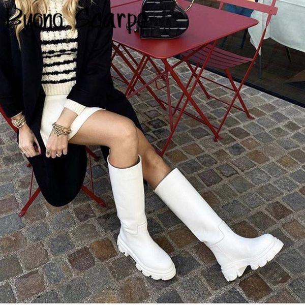 

boots 2021 knee high thick bottom real leather platform round toe slip on female knight botas british, Black