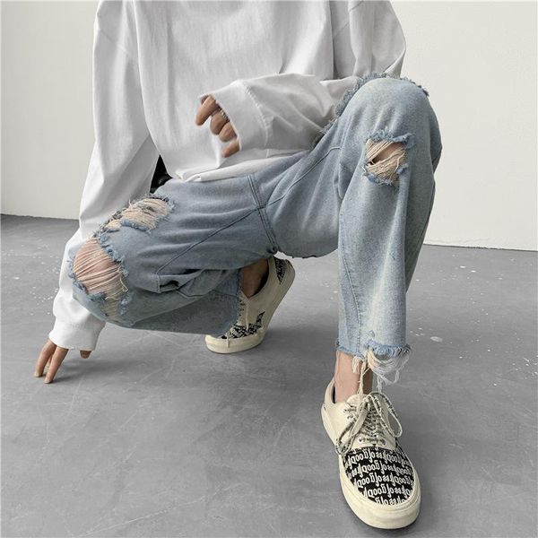 

men's jeans 2021 loose straight leg trousers thin casual wide nine cant, Blue