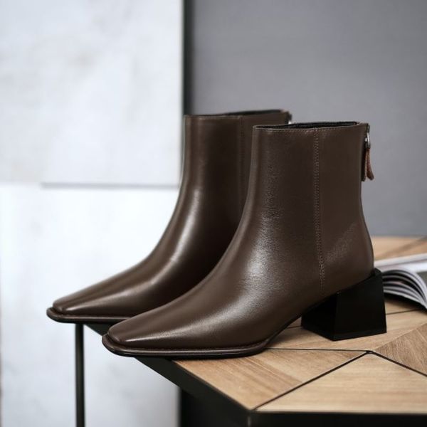

woman ankle boots real leather square heel shoes women winter cool fashion party short boots footwear size 34-39, Black