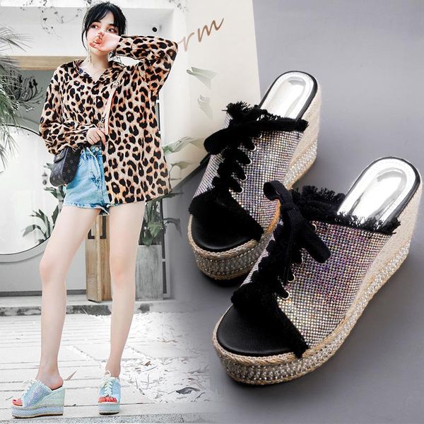 

slippers design woven rope ethnic style girls dating outside beach slipper cross-tied woman summer shoes slides, Black