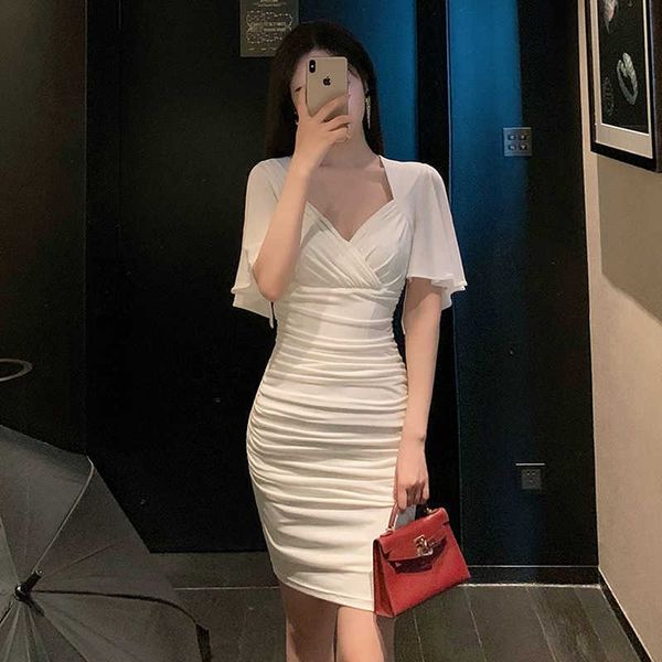 

luxury party evening dress 2021 autumn small white skirt light mature style v-neck ruffle sleeve thin wrinkle elastic slim, White;pink