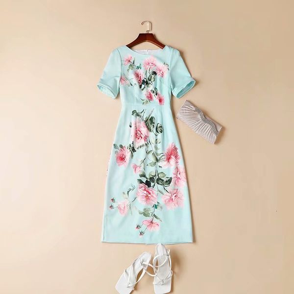 

casual dresses european and american women's clothing spring with short sleeves round collar fashionable blue floral print dress vca1, Black;gray