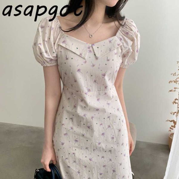 

dress summer temperament gentle bandage waist square neck puff short sleeve floral dress women girls slim fashion vestido 210610, Black;gray