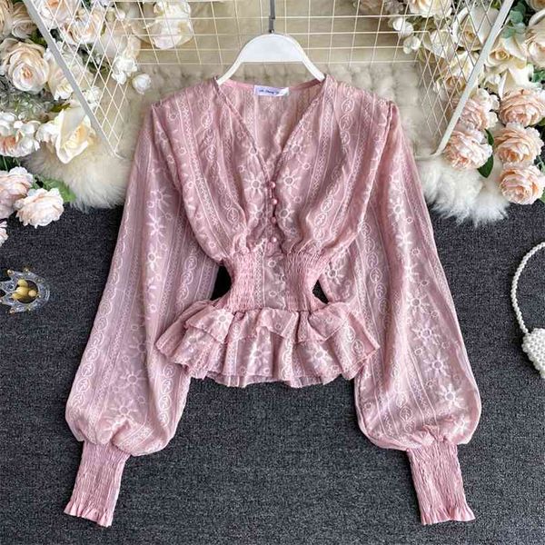 

korean retro embroidery shirt women's autumn v-neck buckle elastic waist ruffled ins long sleeve elegant blouse n470 210527, White