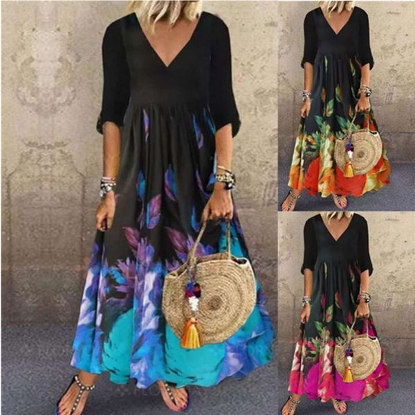 

middle sleeve long v-neck fashion positioning flower wear, White;black