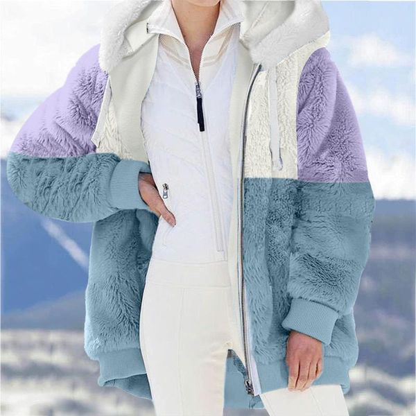 

women's jackets jacket coat shaggy fuzzy long-sleeved loose plush color block hooded fall clothes for women, Black;brown