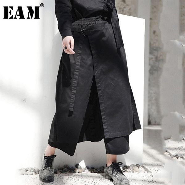

[eam] spring high elastic waist black loose vent long wide leg pants trouser fashion ji084 211007, Black;white