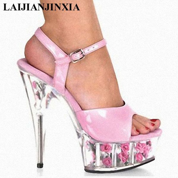 

transparent fashion rose 15cm high-heeled shoes princess dancing sandals 6 inch exotic flowers crystal, Black