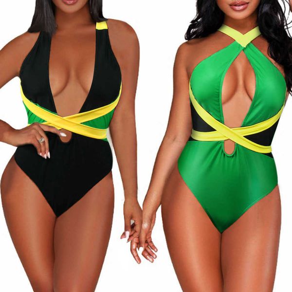 VOARYISA Damen Einteiler, karibische Flagge, Rasta, körperformender Monokini-Badeanzug, Badebekleidung