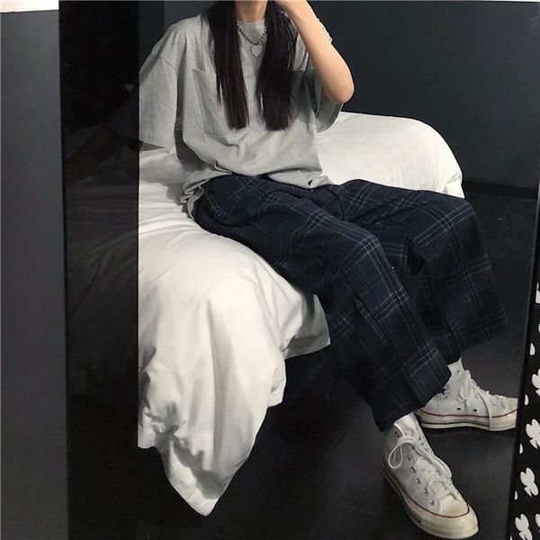 

women's pants & capris summer vintage casual harajuku hip-hop straight street fashion punk checked loose gothic women plus fun, Black;white