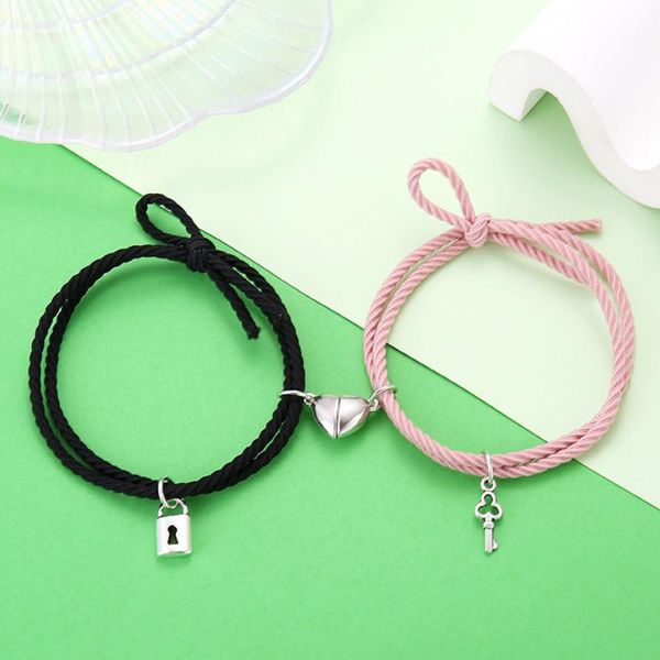 

charm bracelets 2pcs magnetic distance bracelet adjustable lucky rope women men braided heart couple key lock lover jewelry gift, Golden;silver