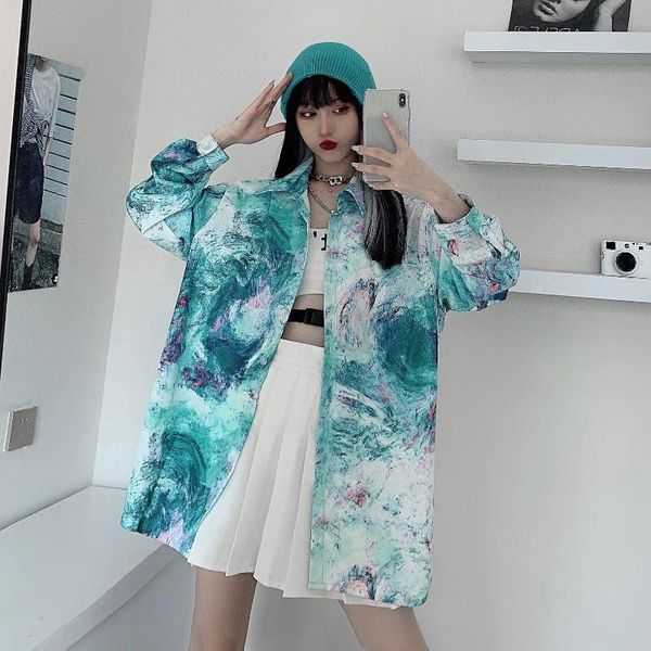 

blouse women2021 spring tie dyeing fashion harajuku plus size clothing airy lapel office ladies shirt student chic women's blouses & sh, White